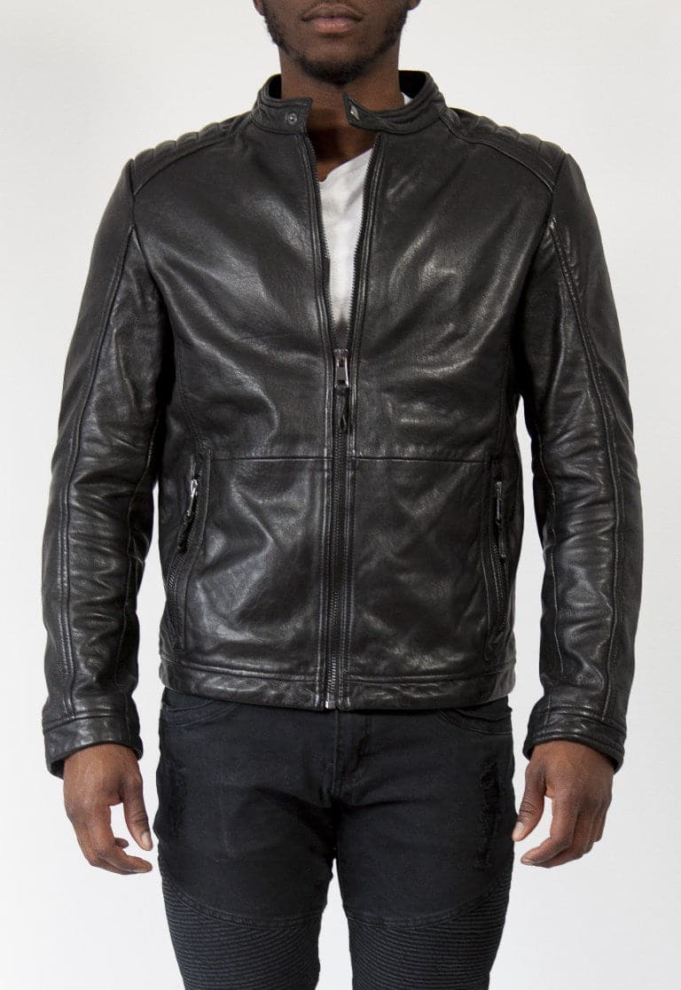 Mens Racer Leather Jacket - Black - HIDES